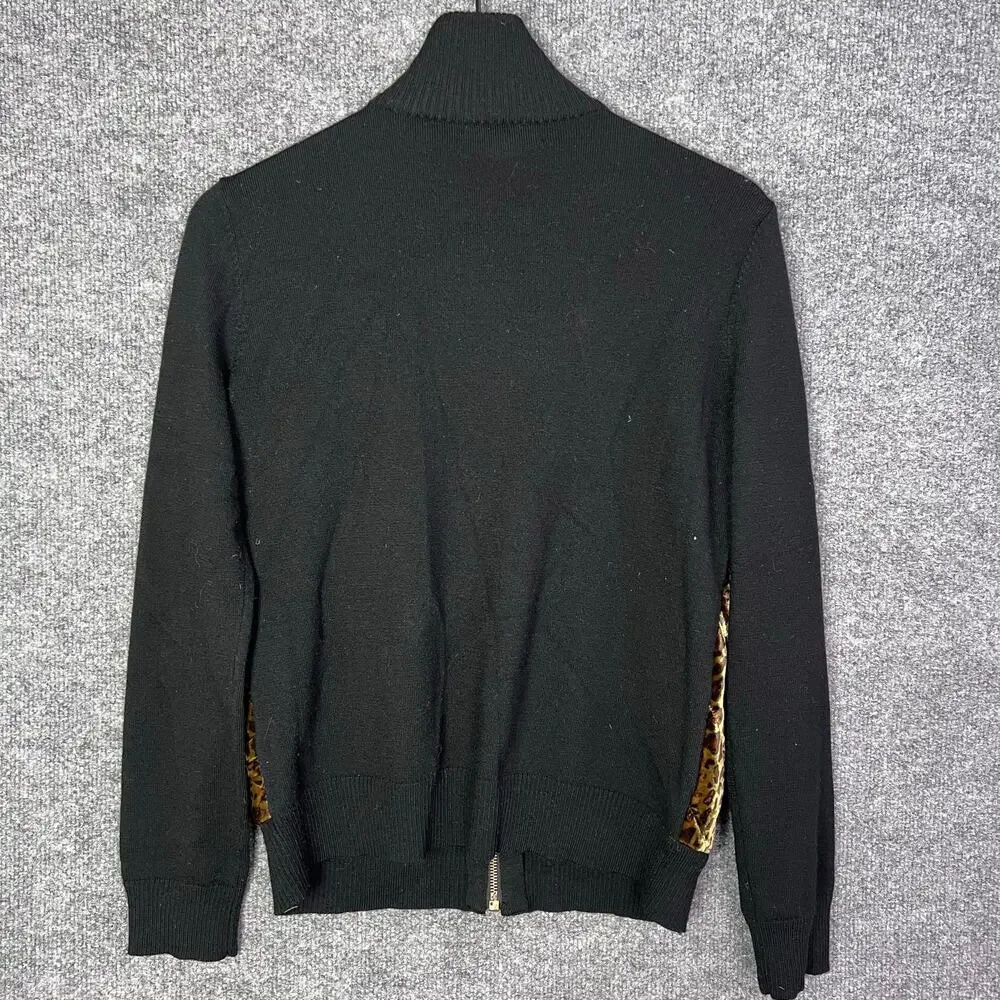 Ralph Lauren Quilted Velvet Leopard Black Wool Cardigan Sweater Jacket Size M - Picture 2 of 8